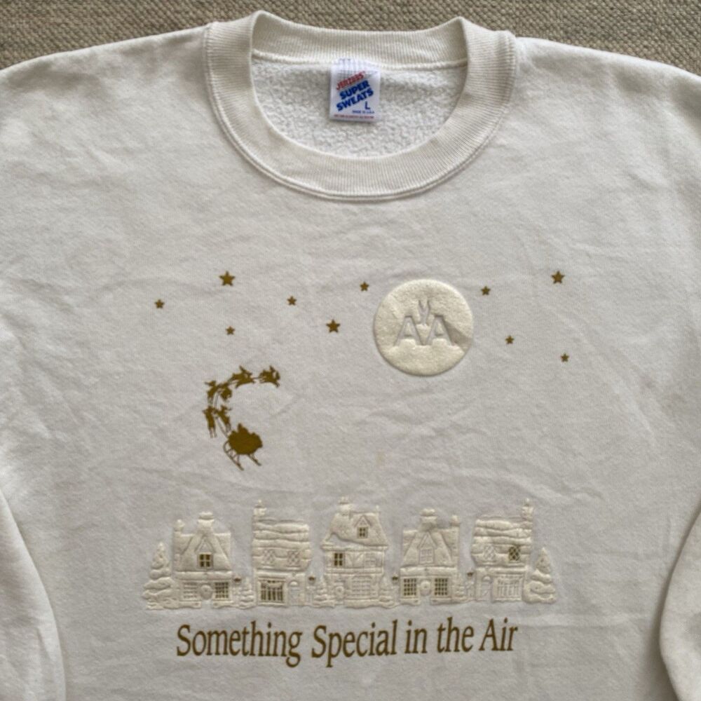 Vintage American Airlines Christmas Sweatshirt 90s Large Gold Embossed Santa
